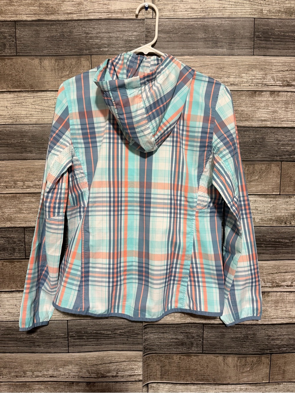 Coolibar Women's Plaid Hooded Sun Jacket - Aqua/Coral/Gray - Picture 3 of 10